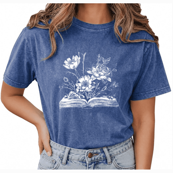 Giffimy Women's Blue Floral Book Line Art Vintage Washed T-Shirt Short Sleeve Relaxed Fit Top