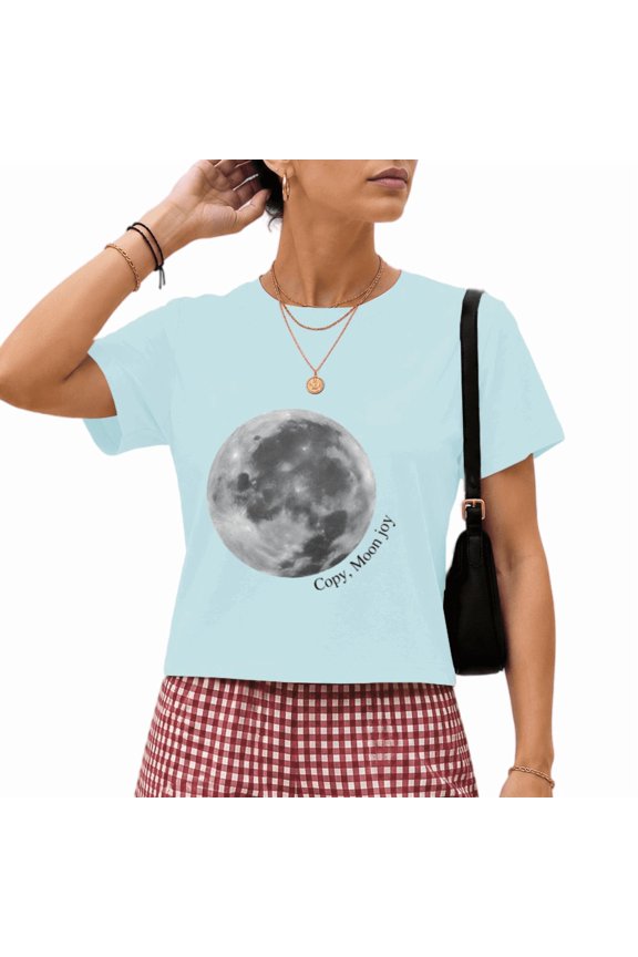 Women's Blue Grayscale Full Moon Copy Moon Joy Celestial Graphic Short Sleeve Crop T-Shirt Breathable Crewneck XS-XL Top