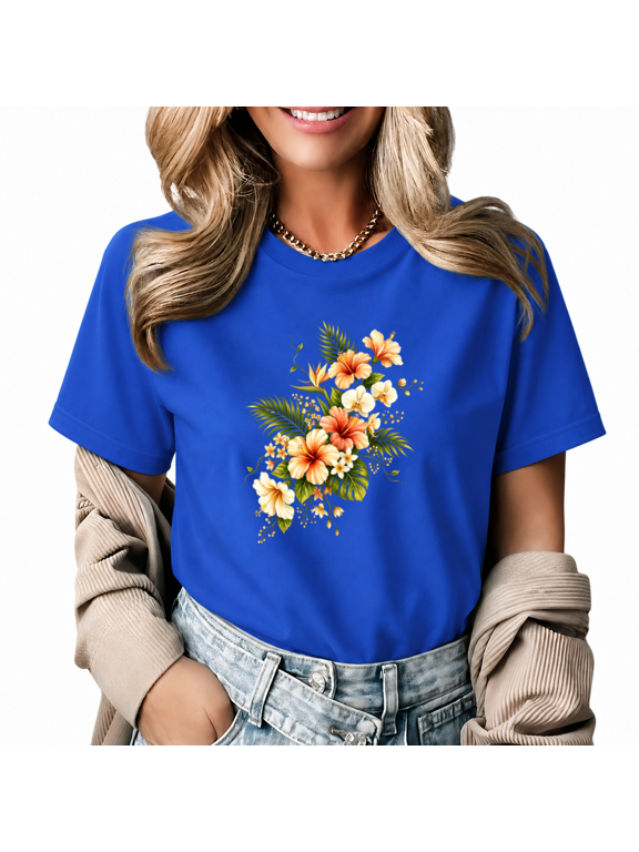 Women's Blue Hawaiian Hibiscus Tropical Flower Graphic Short Sleeve T-shirt Vacation Soft Casual Tee