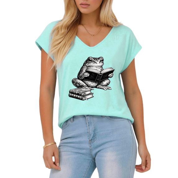 Giffimy Women's Blue Retro Frog Reader Book Sketch Art V-Neck Sleeveless T-Shirt S-5XL Library Daily Tank Top