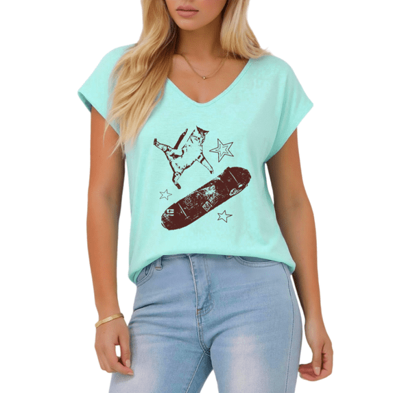 Giffimy Women's Blue Skateboarding Cat Print S-5XL V-Neck Sleeveless T-Shirt Funny Cat Lover Tank Top