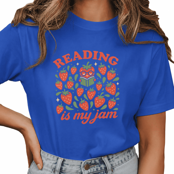 Giffimy Women's Blue Star Leaf Cartoon Strawberry Cute Strawberry Book Lover Graphic Short Sleeve T-Shirt Soft Cotton Crewneck Top