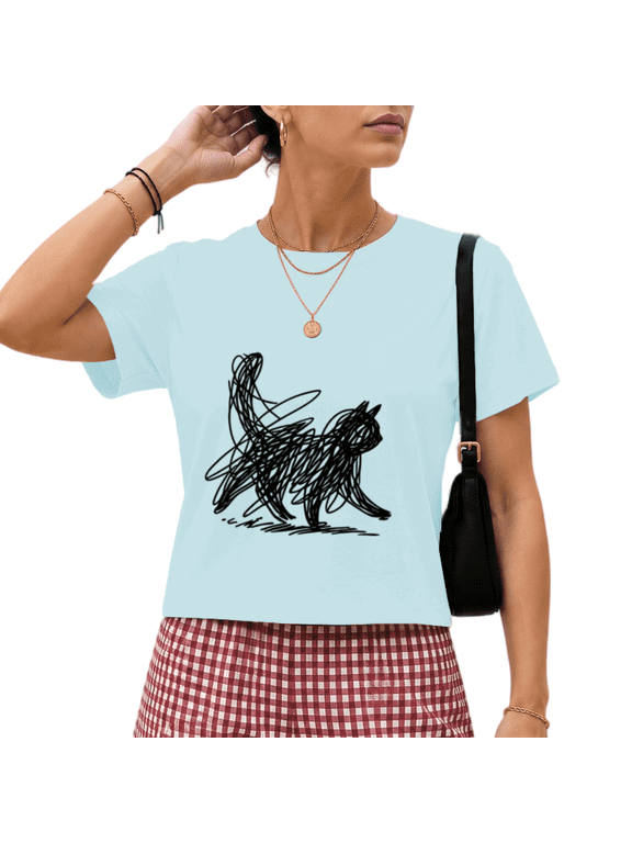 Women's Blue Walking Cat Scribble Graphic Short Sleeve Crop T-Shirt Cat Mom Top