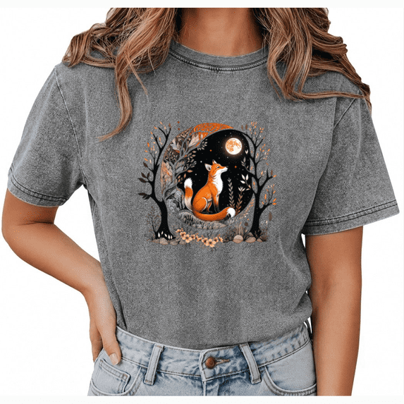 Giffimy Women's Blue Woodland Fox Moon Vintage Washed T-Shirt Short Sleeve S-2XL Relaxed Fit Top