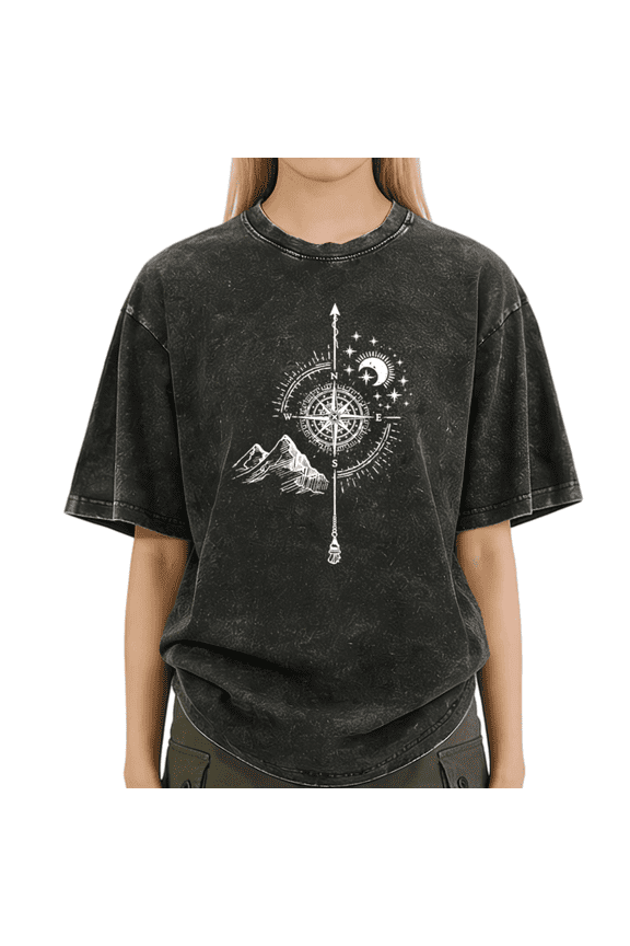 Women's Boho Wanderlust Compass Mountain Moon Graphic Vintage Washed Oversized T-Shirt Fashion Relaxed Fit Tee