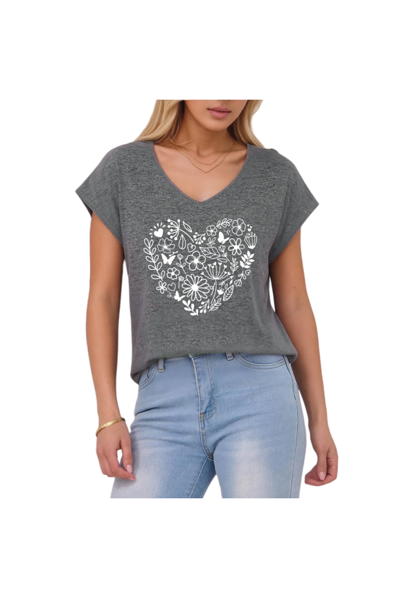 Women's Botanical Heart Butterfly Art V-Neck Sleeveless T-Shirt Dark Gray Daily Wear S-5XL Top