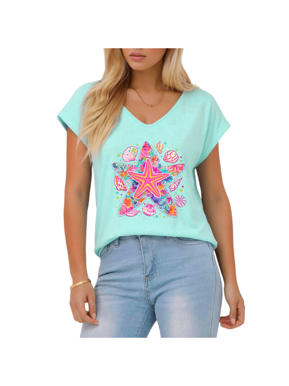 Women's Bright Tropical Floral Shell Starfish Graphic Blue V-Neck Sleeveless T-Shirt Beach Holiday Summer Tank S-5XL Top