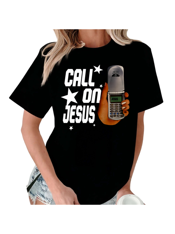 Women's Call On Jesus Flip Phone Christian Star Graphic Black Short Sleeve T-Shirt Fashion Holiday S-5XL Top