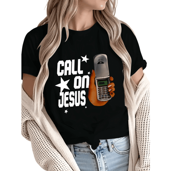 Giffimy Women's Call On Jesus Vintage Flip Phone Hand Star Graphic Christian Front Print Short Sleeve T-Shirt Casual Cotton Crewneck Top