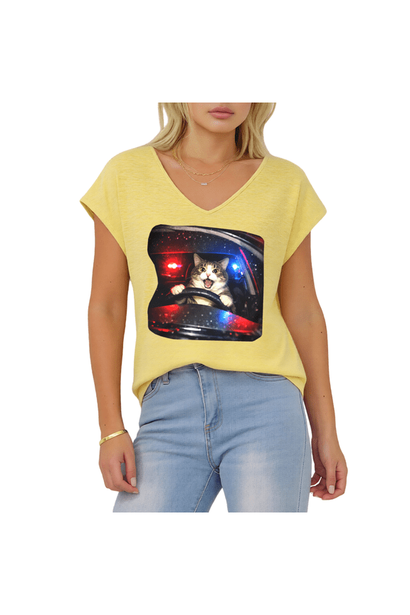 Women's Cat Driving Car Police Chase Print Yellow S-5XL V-Neck Sleeveless T-Shirt Funny Cat Lover Tank Top
