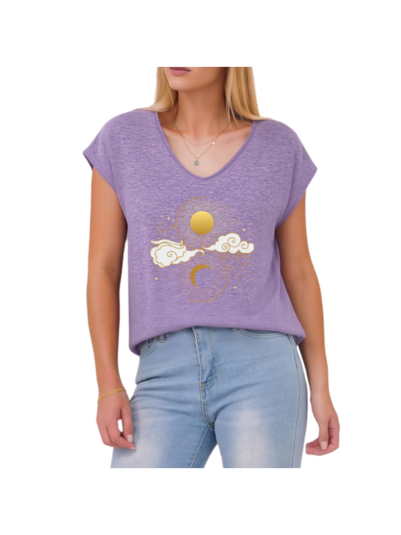 Women's Celestial Balance Graphic V-Neck Sleeveless T-Shirt Purple S-5XL Top