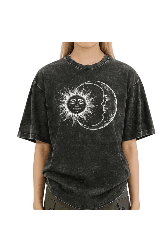 Women's Celestial Sun Moon Vintage Washed T-Shirt Short Sleeve Crewneck Oversized Fit Tee