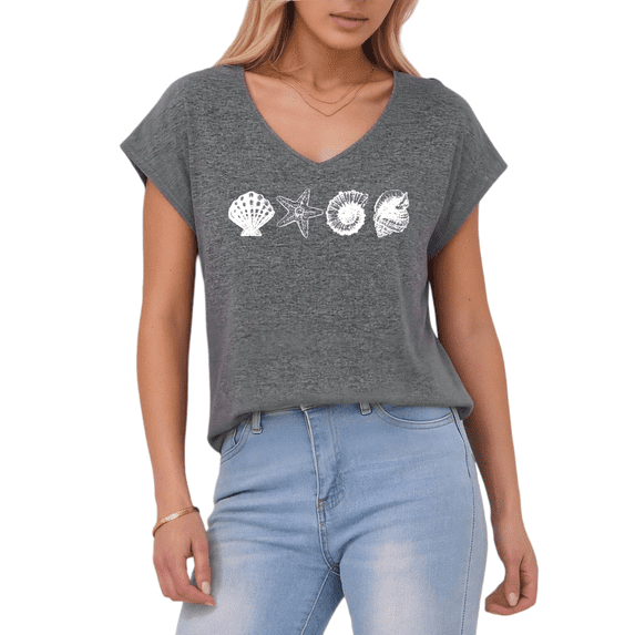 Giffimy Women's Coastal Seashell Starfish Dark Gray V-Neck Sleeveless T-Shirt Beach Casual Tank Top