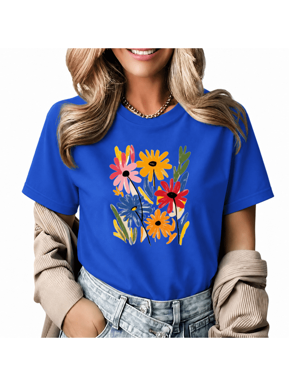 Women's Colorful Hand Drawn Daisy Floral Graphic Short Sleeve T-shirt Loose Fit Casual Daily Tee