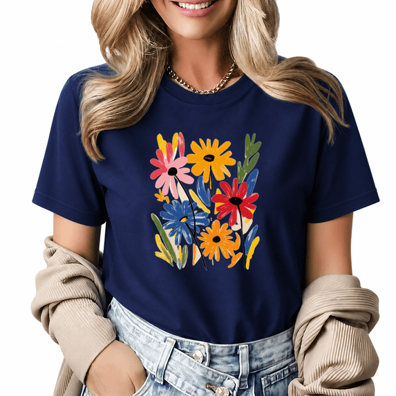 Giffimy Women's Colorful Hand Drawn Daisy Floral Graphic Short Sleeve T-shirt Loose Fit Casual Daily Tee