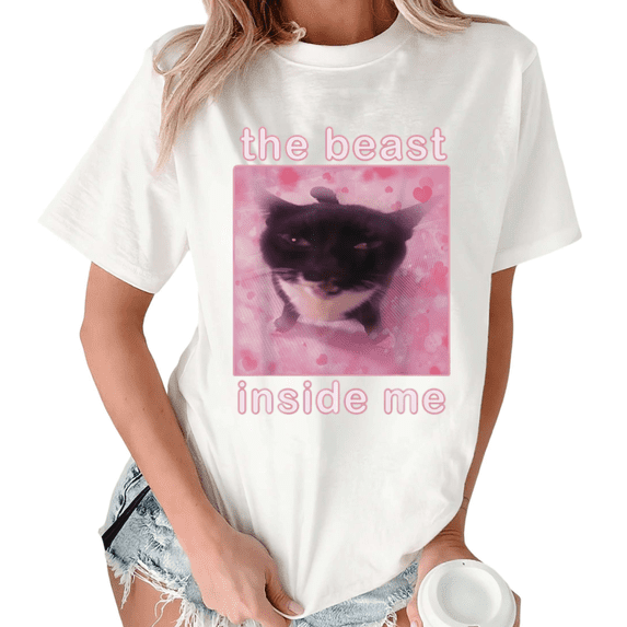 Giffimy Women's Cute Cat Halftone Star Graphic Short Sleeve T-Shirt White Casual Crewneck Relaxed Fit Top