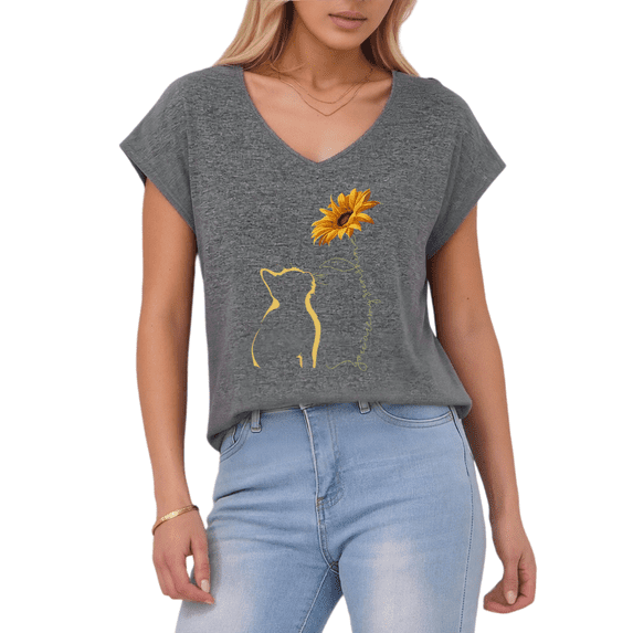 Giffimy Women's Cute Cat & Sunflower V-Neck Sleeveless T-Shirt S-5XL Soft Casual Tank Top