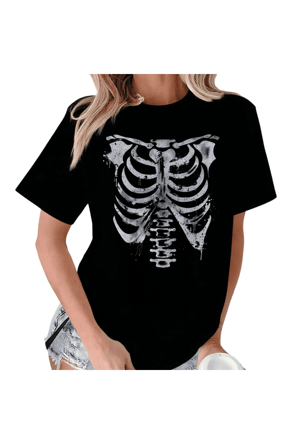 Women's Fashion Distressed Rib Cage Skeleton Graphic Short Sleeve T-Shirt S-5XL Black Cotton Oversized Top