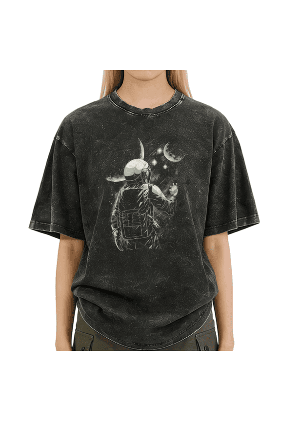 Women's Fashion Mineral Wash Cosmic Space Explorer Aesthetic Tee Short Sleeve T-Shirt S-2XL Cotton Relaxed Fit Top