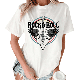 Giffimy Women's Fashion Rock N Roll Guitar Art Print Short Sleeve T-Shirt S-5XL White Cotton Crewneck Top
