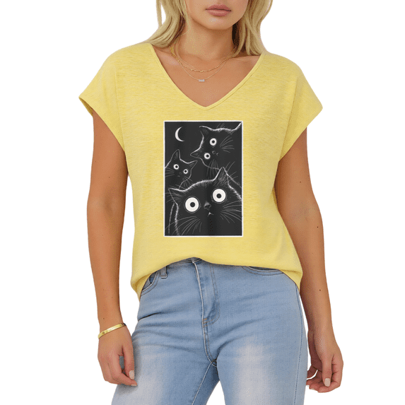Giffimy Women's Funny Black Cat Moon Art Print Yellow S-5XL V-Neck Sleeveless T-Shirt Cat Lover Tank Top