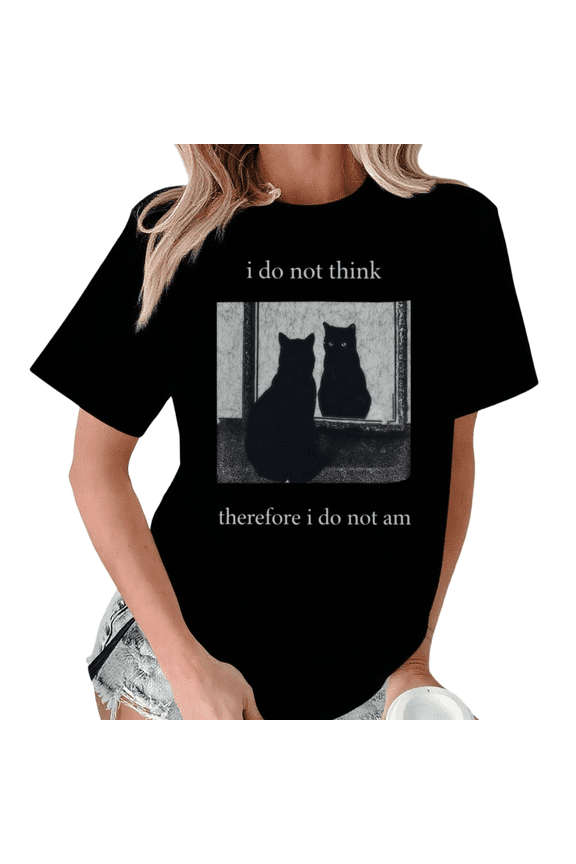 Women's Funny Black Cat Philosophy Mirror Graphic Short Sleeve T-Shirt Black Casual Oversized Top