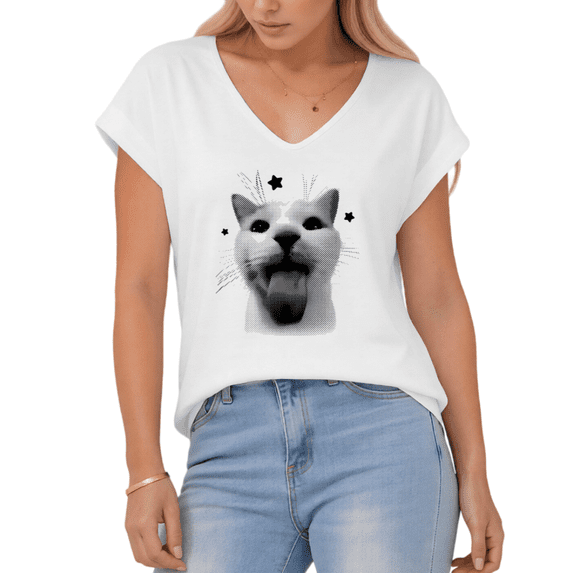 Giffimy Women's Funny Tongue Cat Meme Print White S-5XL V-Neck Sleeveless T-Shirt Cat Lover Tank Top