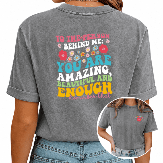 Giffimy Women's Gray You Are Enough Quote Top Vintage Washed T-Shirt Short Sleeve Relaxed Fit Top
