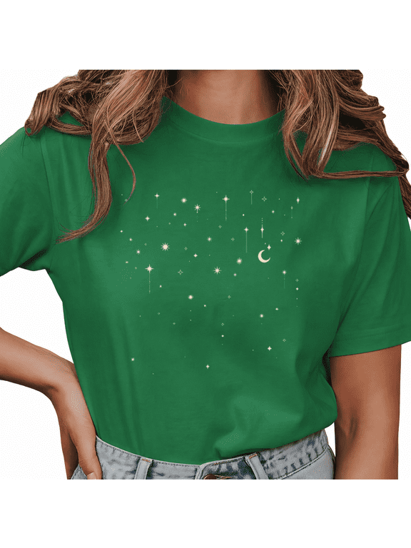 Women's Green Celestial Star Graphic Short Sleeve T-Shirt Soft Cotton Crewneck Top