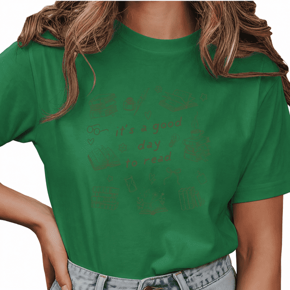 Giffimy Women's Green It's A Good Day To Read Floral Stack Book Feather Pen Reading Lover Graphic Short Sleeve T-Shirt Comfort Crewneck Top
