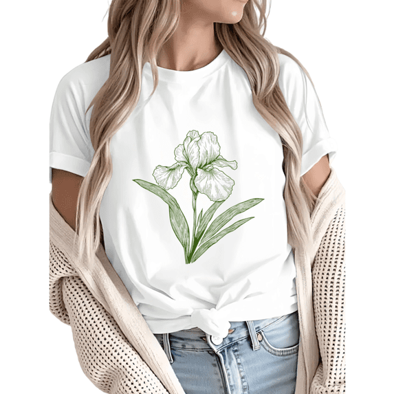 Giffimy Women's Green Line Art Iris Flower With Leaves Graphic Short Sleeve T-Shirt Casual Comfortable Crewneck Top