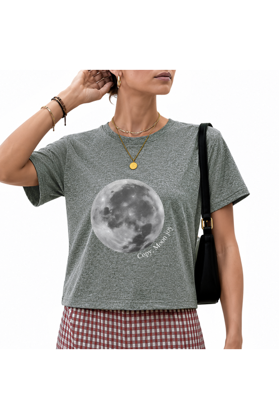 Women's Grey Grayscale Full Moon Copy Moon Joy Celestial Graphic Short Sleeve Crop T-Shirt Comfort Crewneck XS-XL Top