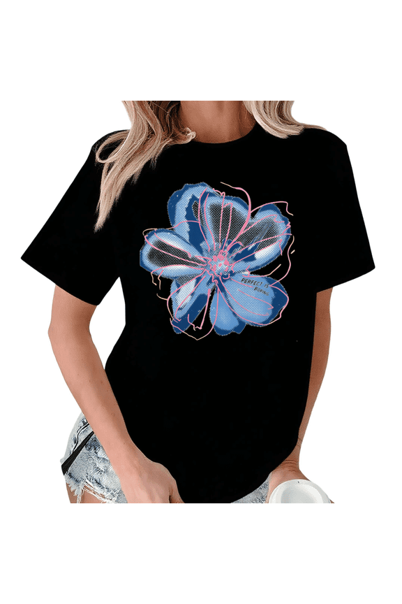 Women's Grunge Blue Flower "Perfect Is Boring" Quote Graphic Black Short Sleeve T-Shirt Fashion Holiday S-5XL Top