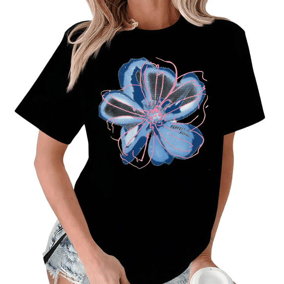 Giffimy Women's Grunge Blue Flower "Perfect Is Boring" Quote Graphic Black Short Sleeve T-Shirt Fashion Holiday S-5XL Top