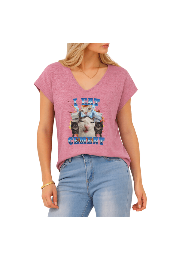 Women's I Eat Cement Cat Meme Print Rose Red S-5XL V-Neck Sleeveless T-Shirt Funny Cat Lover Tank Top