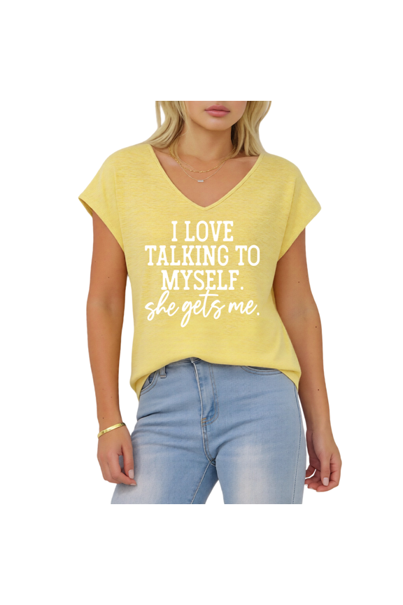 Women's "I Love Talking To Myself" Yellow V-Neck Sleeveless T-Shirt Casual Tank Top