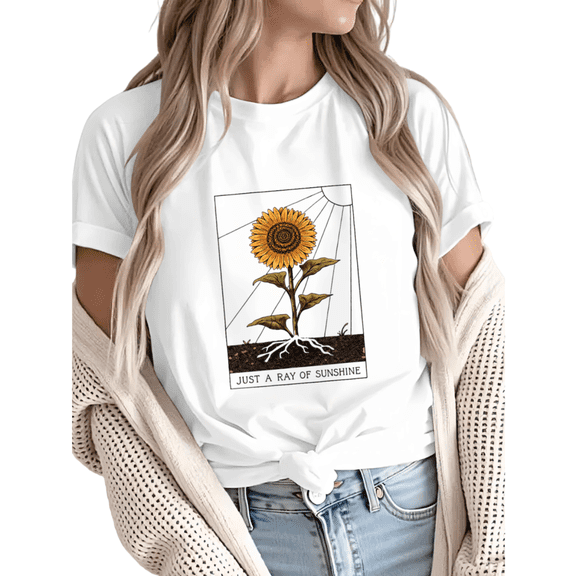 Giffimy Women's "Just a Ray of Sunshine" Sunflower Graphic Short Sleeve T-Shirt Casual Cotton Crewneck Top