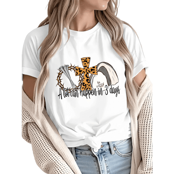 Giffimy Women's Leopard Print Cross Thorn Crown Empty Tomb Nail Front Print Graphic Short Sleeve T-Shirt Breathable Crewneck Top
