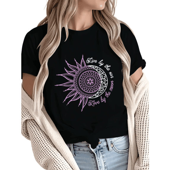 Giffimy Women's Live By The Sun Love By The Moon Boho Sun Moon Graphic Short Sleeve T-Shirt Casual Cotton Crewneck Top Black S-5XL