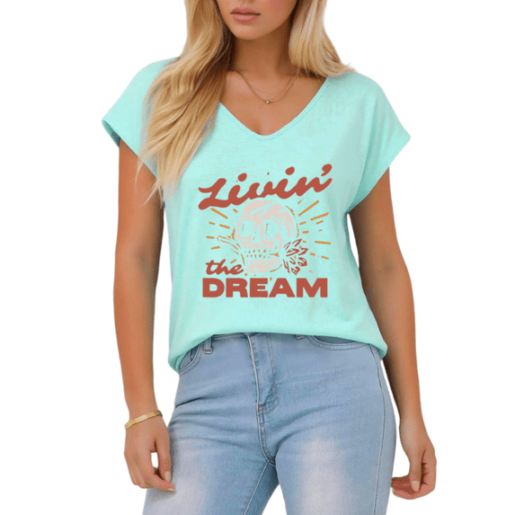 Giffimy Women's Livin' the Dream Skull Print Blue S-5XL V-Neck Sleeveless T-Shirt Retro Casual Tank Top