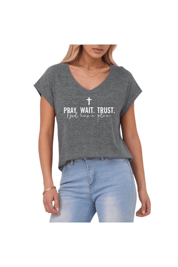 Women's Minimal "Pray Wait Trust" Cross S-5XL V-Neck Sleeveless T-Shirt Religious Fashion Tank Top