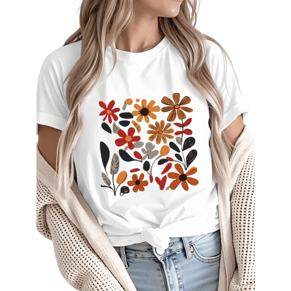 Giffimy Women's Minimalist Fall Floral Pattern Graphic Short Sleeve T-Shirt Casual Cotton Crewneck Top