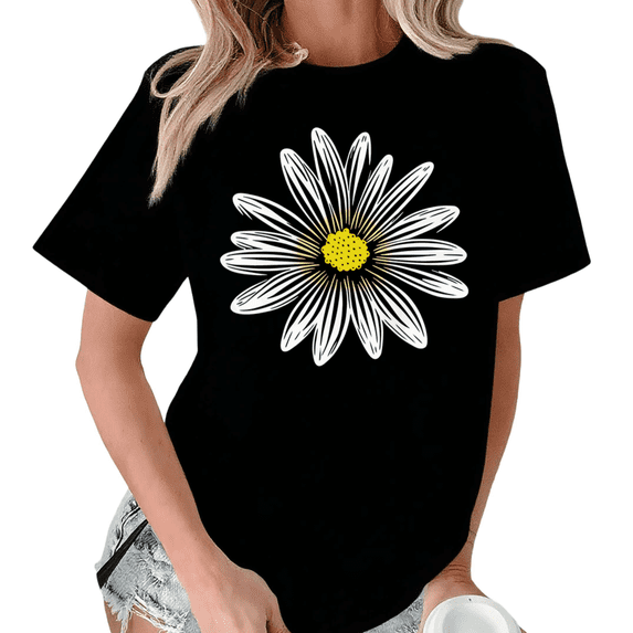 Giffimy Women's Minimalist White Daisy Floral Graphic Short Sleeve T-Shirt S-5XL Cotton Fashion Top