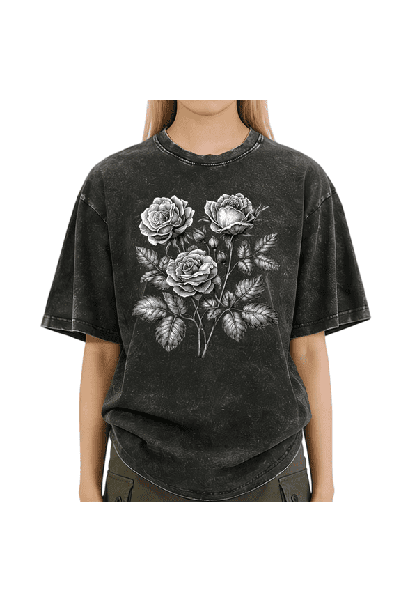Women's Monochrome Sketch White Rose Floral Vintage Washed T-Shirt Short Sleeve Casual Oversized Relaxed Fit Gothic S-2XL Top