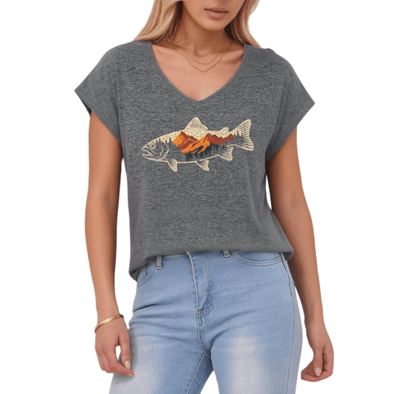 Giffimy Women's Mountain Scene Fish S-5XL V-Neck Sleeveless T-Shirt Fashion Fishing Lover Tank Top