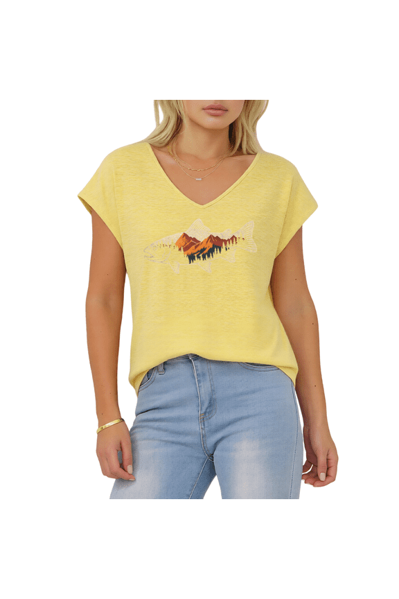 Women's Mountain Scene Fish S-5XL V-Neck Sleeveless T-Shirt Fashion Fishing Lover Tank Top