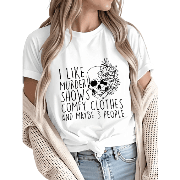 Giffimy Women's Murder Shows Floral Skull Funny Graphic T-Shirt Casual Cotton Crewneck Top White S-5XL