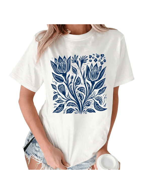 Women's Navy Blue Block Print Tulip Botanical Folk Floral Graphic White Short Sleeve T-Shirt Fashion Holiday S-5XL Top