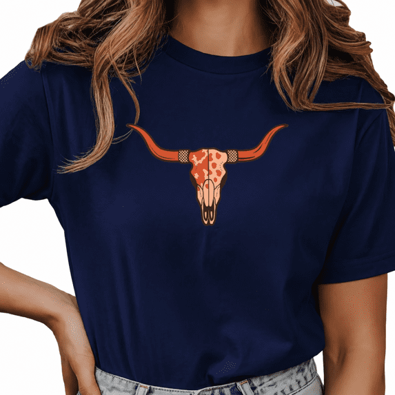 Giffimy Women's Navy Blue Cow Print Spotted Longhorn Skull Western Graphic Short Sleeve T-Shirt Breathable Crewneck Top