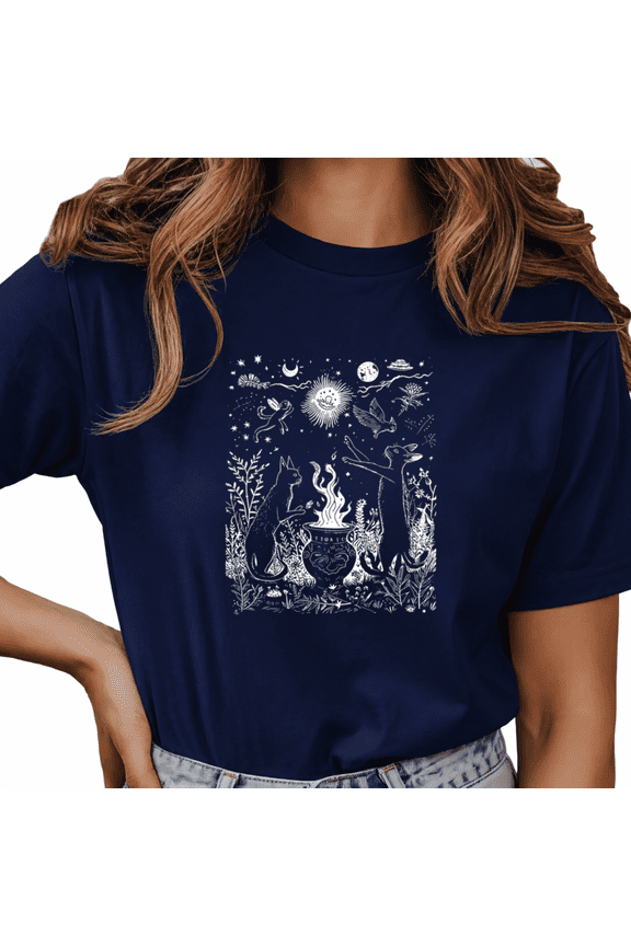 Women's Navy Blue Mystical Cat Wolf Graphic Short Sleeve T-Shirt Soft Cotton Crewneck Top